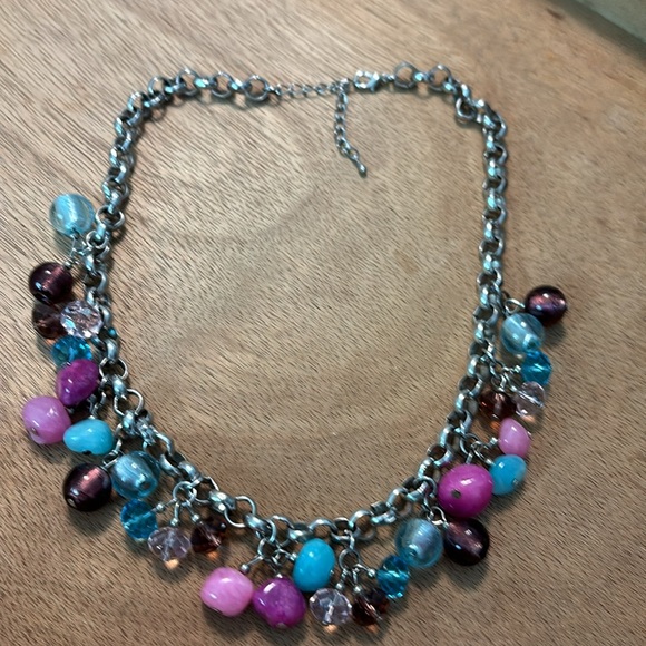 Silver tone Statement Necklace with faceted multi colored glass bead dangles - Picture 3 of 4